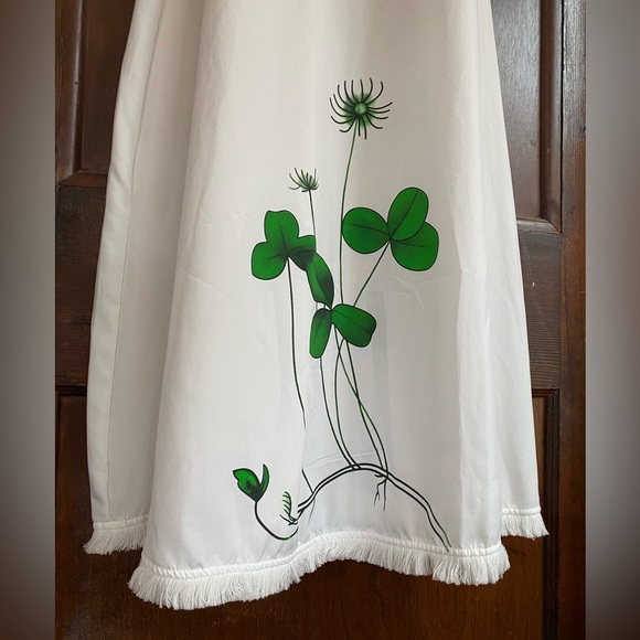SOLD | Maxi Sleeveless White Shift Dress with Fringe and Clovers - Picture 3 of 7